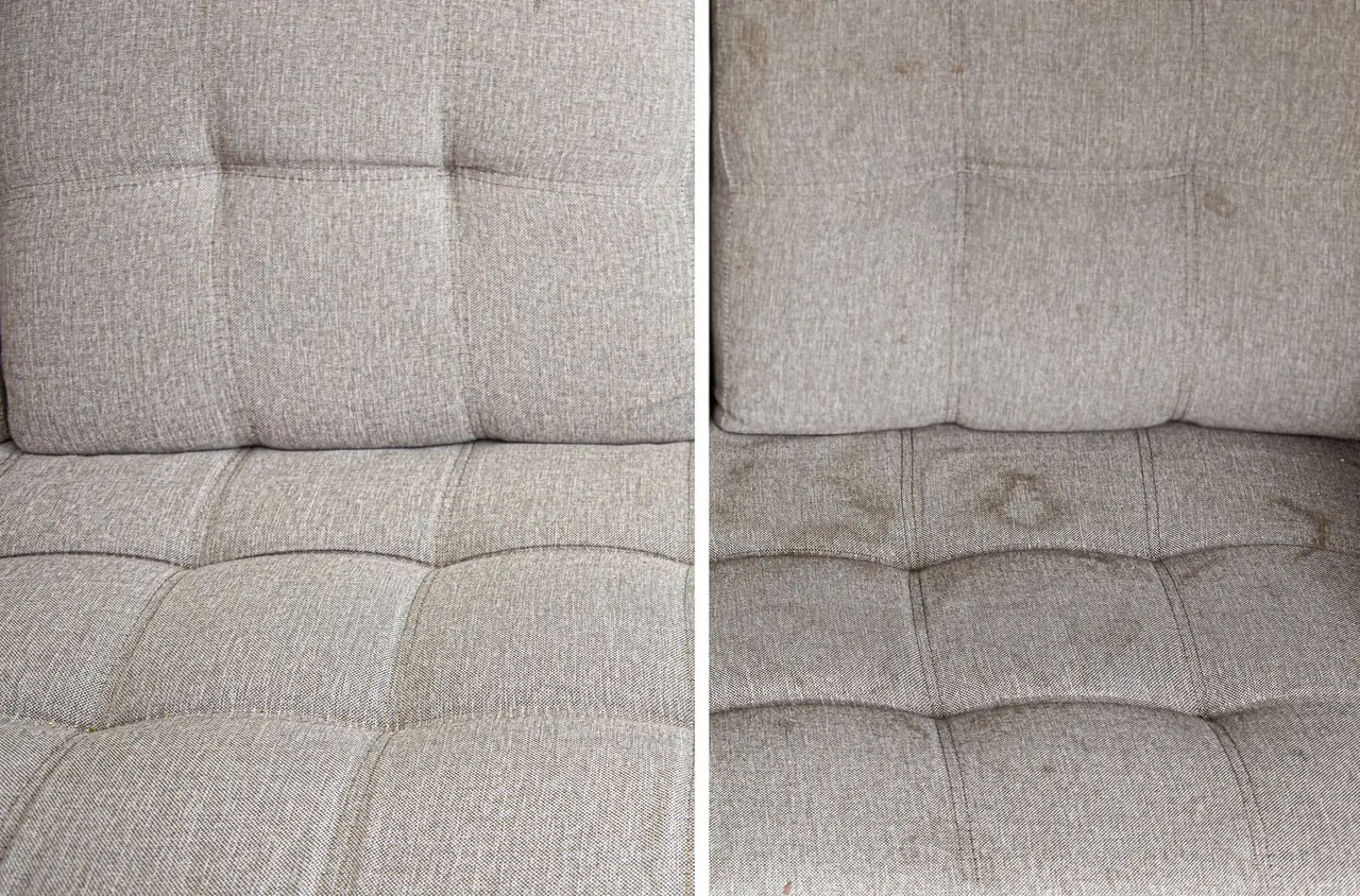 Upholstery fabric shown before and after cleaning